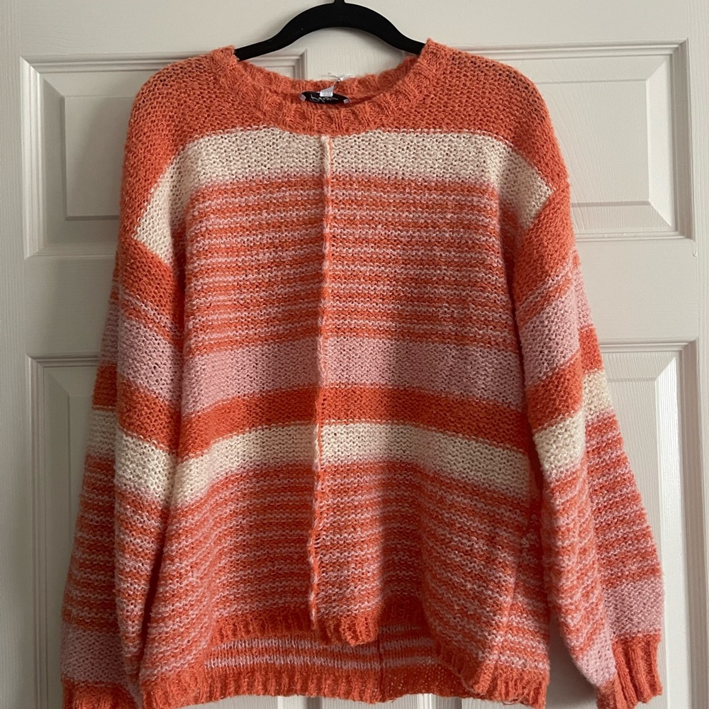 Pilgrim Women's Sweater in Orange, Pink, and Cream Stripes